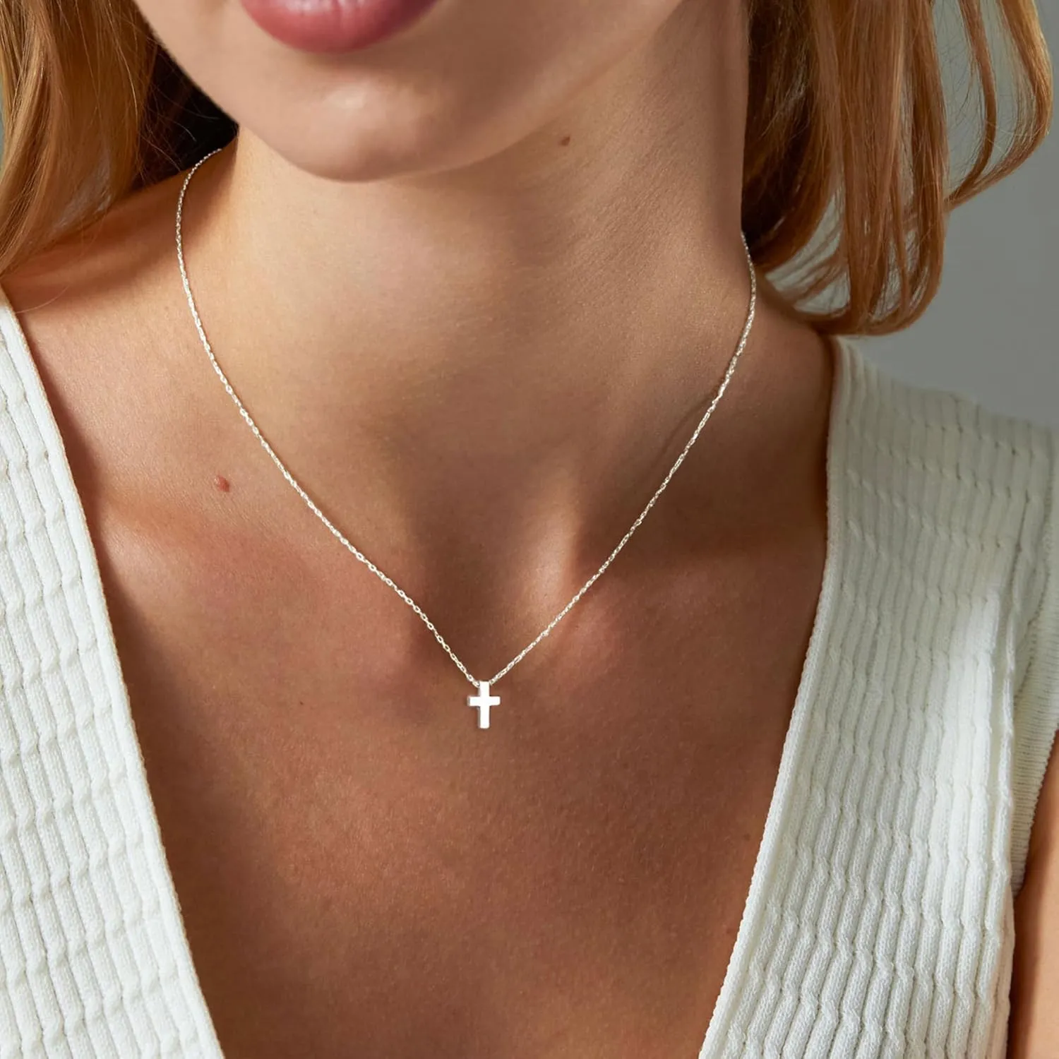 Cross Necklace, 14K Gold Plated Box Chain Cross Pendant Necklace Dainty Simple Silver Cross Tiny Necklace for Women