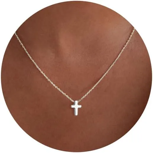 Cross Necklace, 14K Gold Plated Box Chain Cross Pendant Necklace Dainty Simple Silver Cross Tiny Necklace for Women