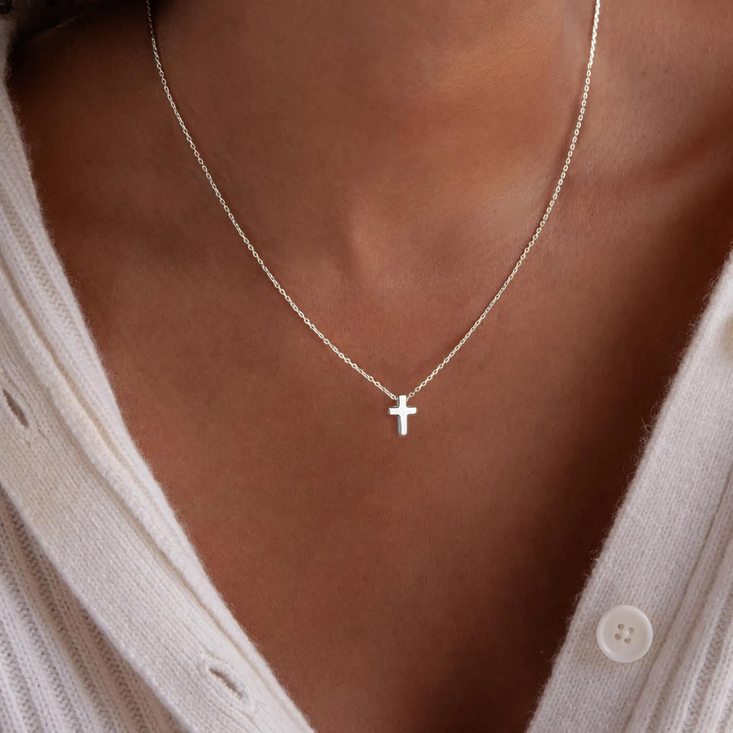 Cross Necklace, 14K Gold Plated Box Chain Cross Pendant Necklace Dainty Simple Silver Cross Tiny Necklace for Women
