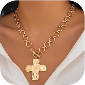 Cross Necklace Chunky Double Deck Cross Pendant Necklace for Women Heart Pendant necklace Thick Chain Chunky Gold Statement Pendant Necklace Jewelry