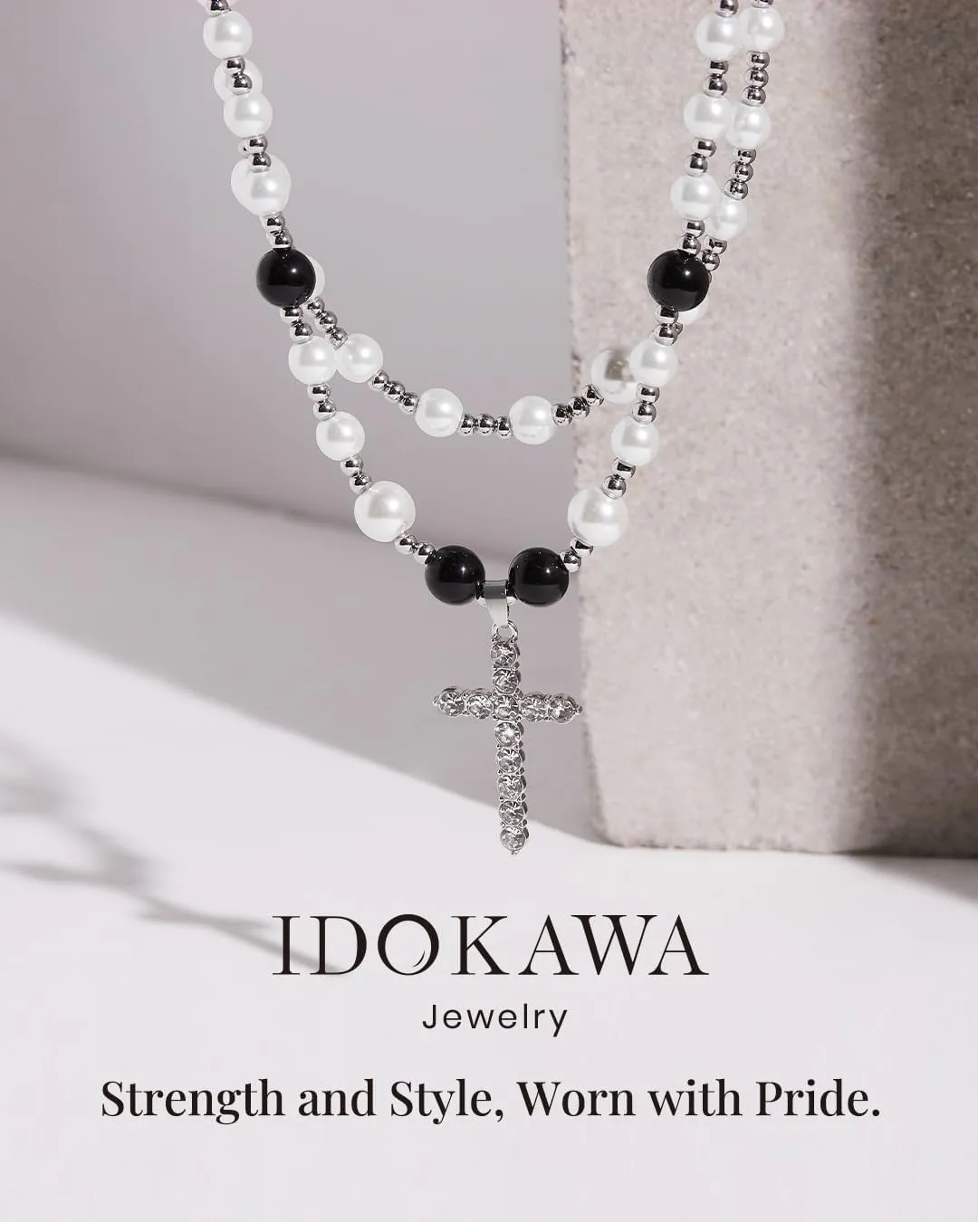 Cross Necklace for Men Black White Pearl Necklace Rosary Stainless Steel Necklace 10mm Double Layered Cuban Link Fashion Jewelry Baptism Gifts for Him