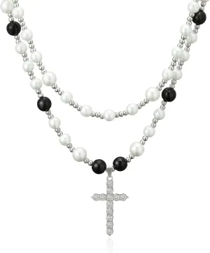 Cross Necklace for Men Black White Pearl Necklace Rosary Stainless Steel Necklace 10mm Double Layered Cuban Link Fashion Jewelry Baptism Gifts for Him