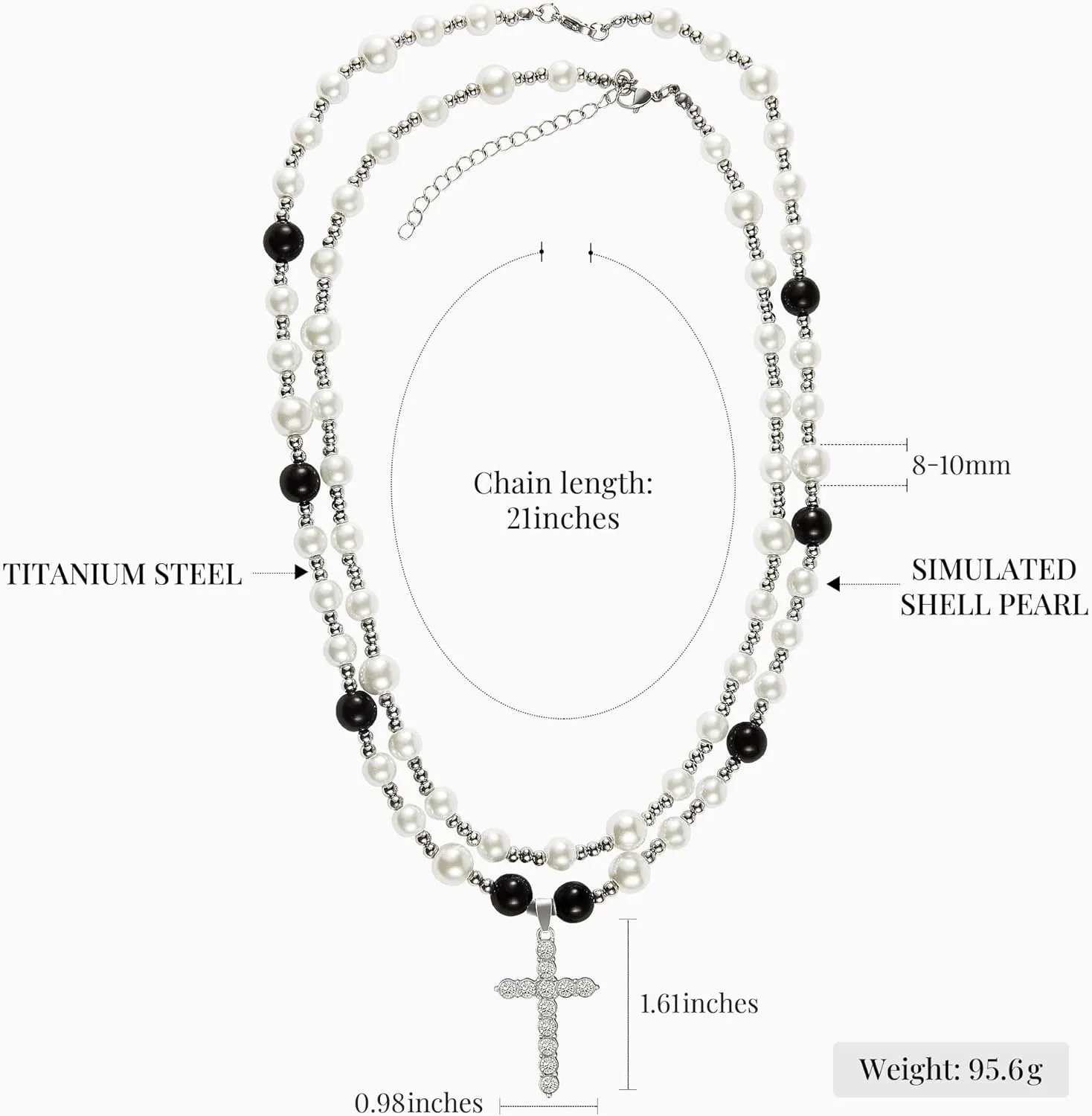 Cross Necklace for Men Black White Pearl Necklace Rosary Stainless Steel Necklace 10mm Double Layered Cuban Link Fashion Jewelry Baptism Gifts for Him