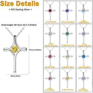 Cross Necklace for Women, 925 Sterling Silver Birthstone Cross Pendant Necklace, Sideways Cross Necklace Birthstone Jewelry Birthday Gifts for Women