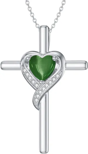 Cross Necklace for Women Sterling Silver Heart Gemstone Cross Pendant Necklace Christian Jewelry Birthday Valentines Day Mothers Day Gifts for Her Mom