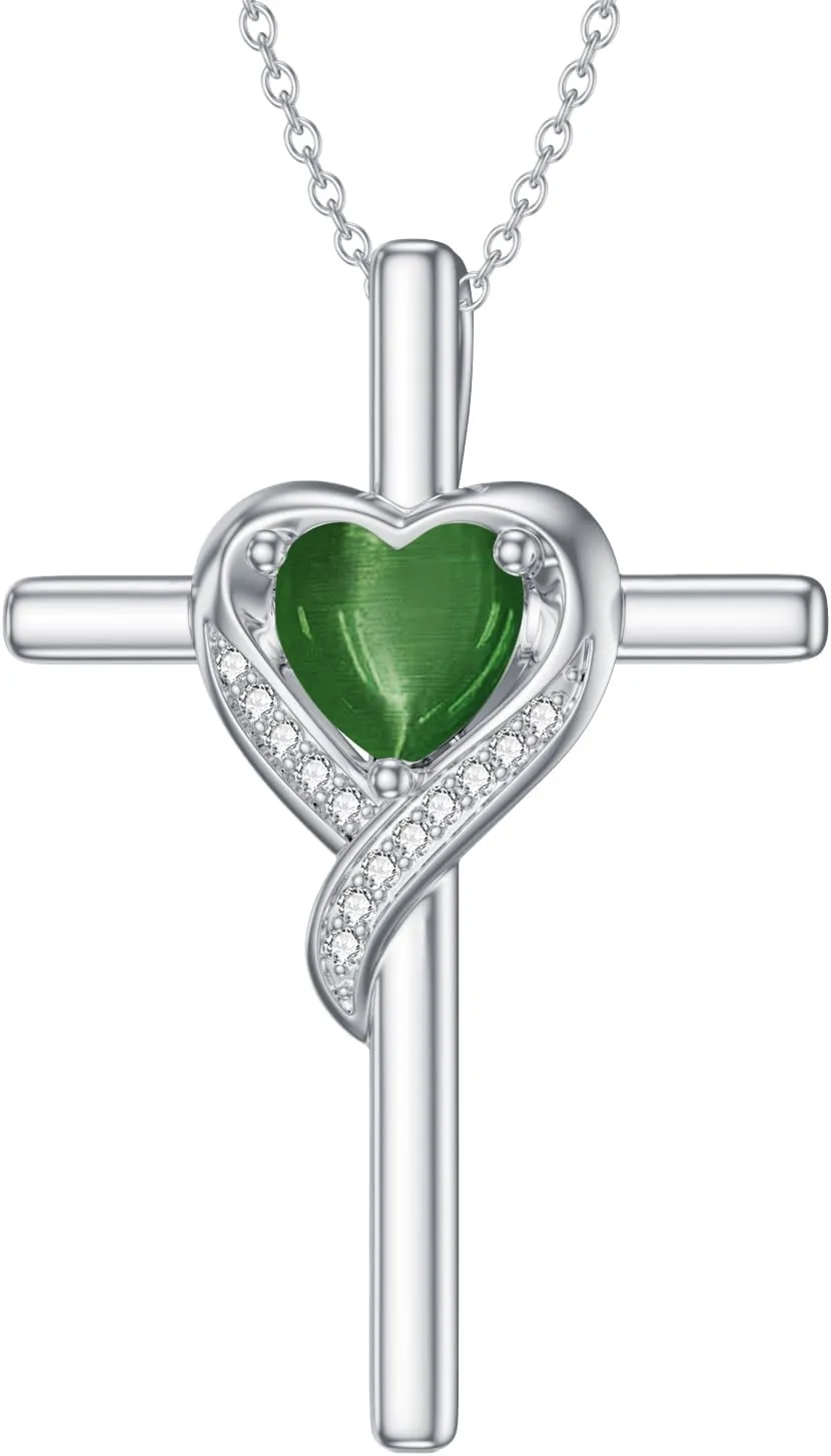 Cross Necklace for Women Sterling Silver Heart Gemstone Cross Pendant Necklace Christian Jewelry Birthday Valentines Day Mothers Day Gifts for Her Mom