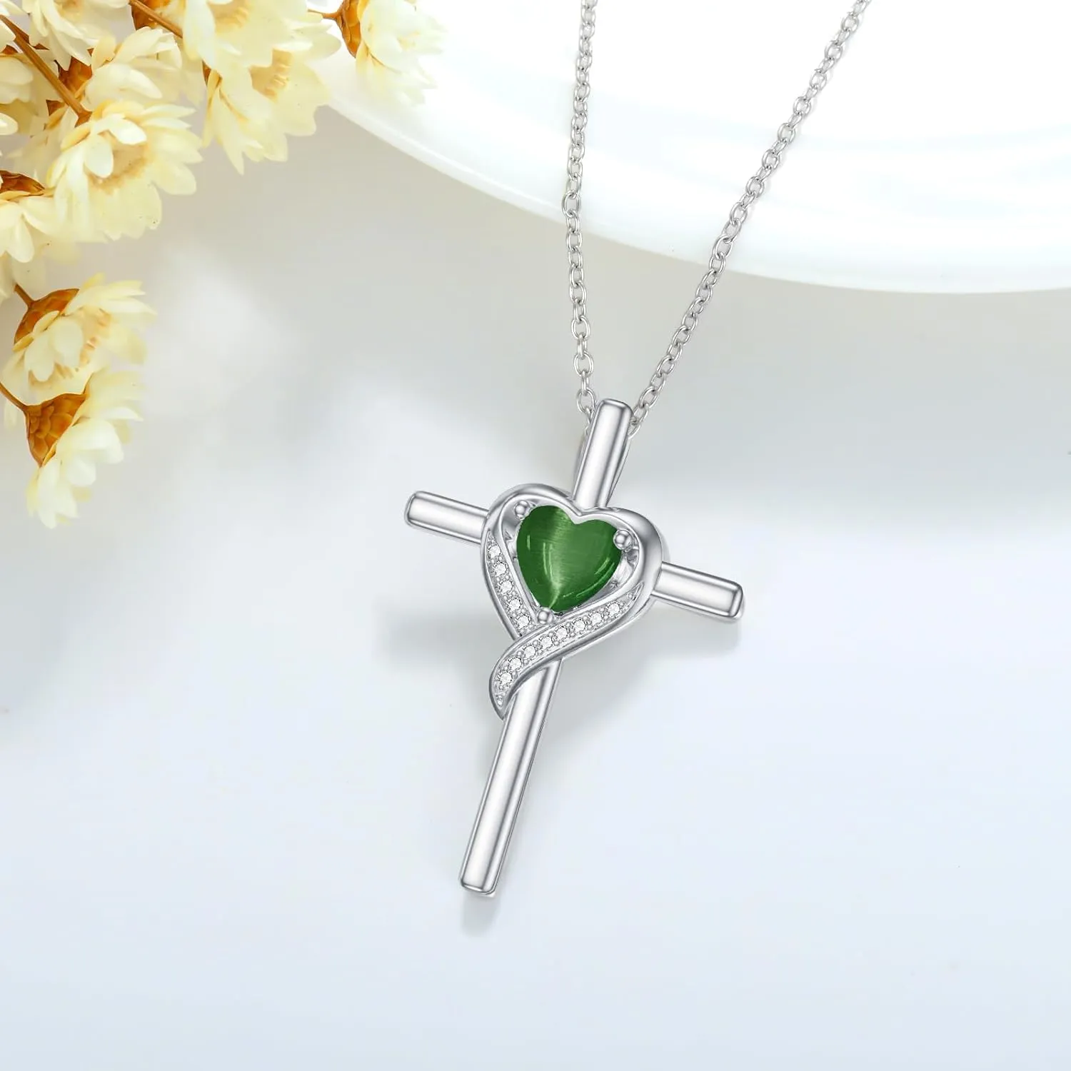 Cross Necklace for Women Sterling Silver Heart Gemstone Cross Pendant Necklace Christian Jewelry Birthday Valentines Day Mothers Day Gifts for Her Mom