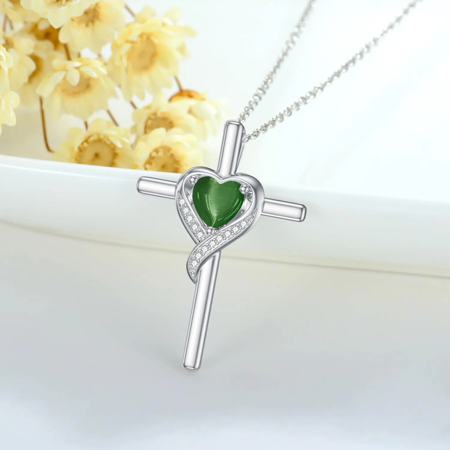 Cross Necklace for Women Sterling Silver Heart Gemstone Cross Pendant Necklace Christian Jewelry Birthday Valentines Day Mothers Day Gifts for Her Mom