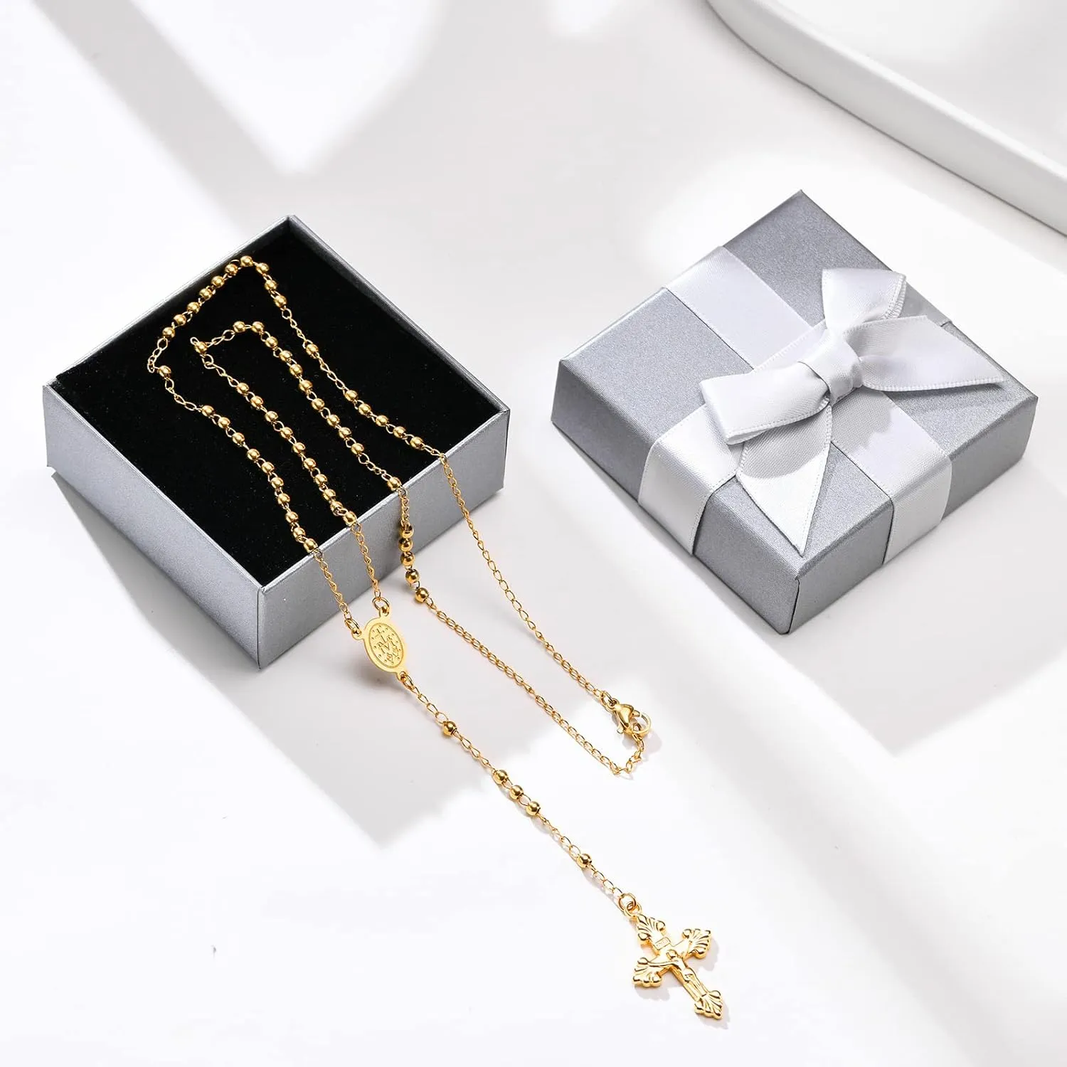 Cross Necklace Rosary Beads Catholic, Christian Gifts Cross Necklace with Gift Box, Rosary Necklace, Y Necklace Chain for Women Men -20 Inch