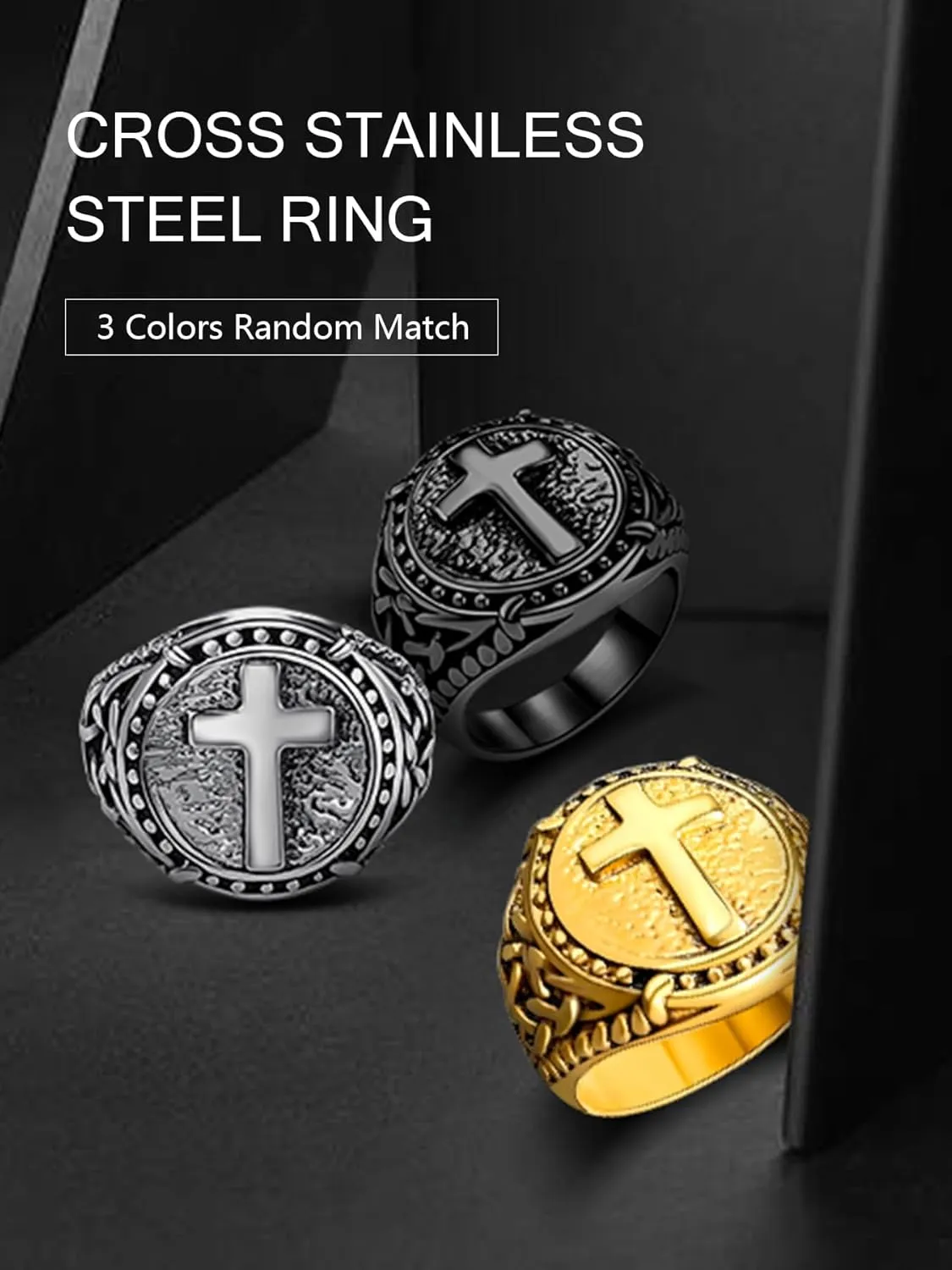 Cross Ring for Men Stainless Steel Celtic Knot Ring, 18K Gold/Black Metal, Retro Religious Chrisitan Cross Ring Norse Viking Battle Axe Cross Ring, Size 7-13, with Gift Box