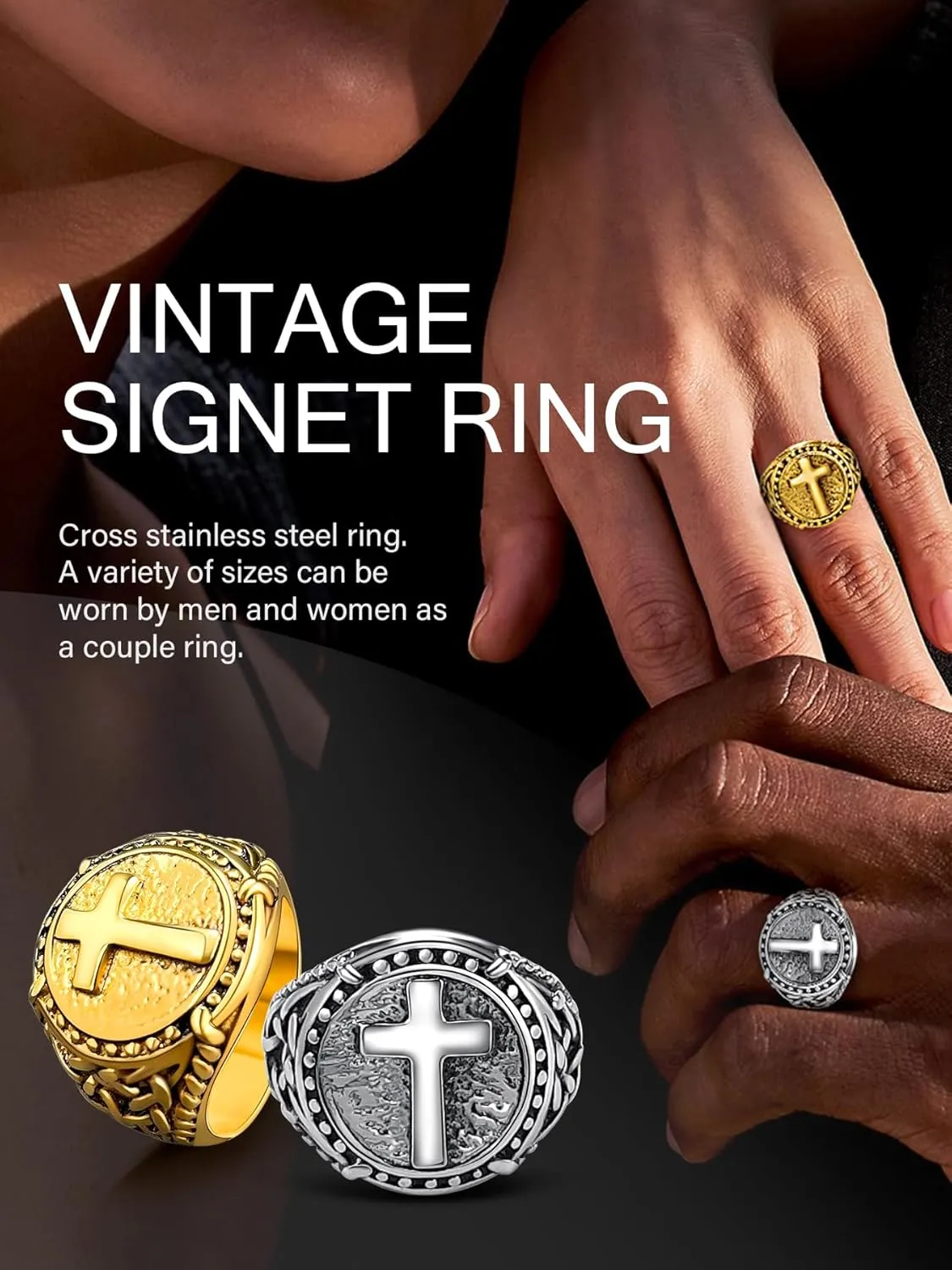 Cross Ring for Men Stainless Steel Celtic Knot Ring, 18K Gold/Black Metal, Retro Religious Chrisitan Cross Ring Norse Viking Battle Axe Cross Ring, Size 7-13, with Gift Box