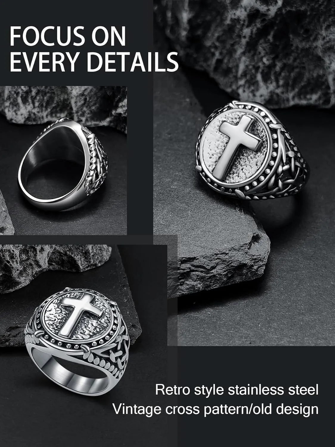 Cross Ring for Men Stainless Steel Celtic Knot Ring, 18K Gold/Black Metal, Retro Religious Chrisitan Cross Ring Norse Viking Battle Axe Cross Ring, Size 7-13, with Gift Box