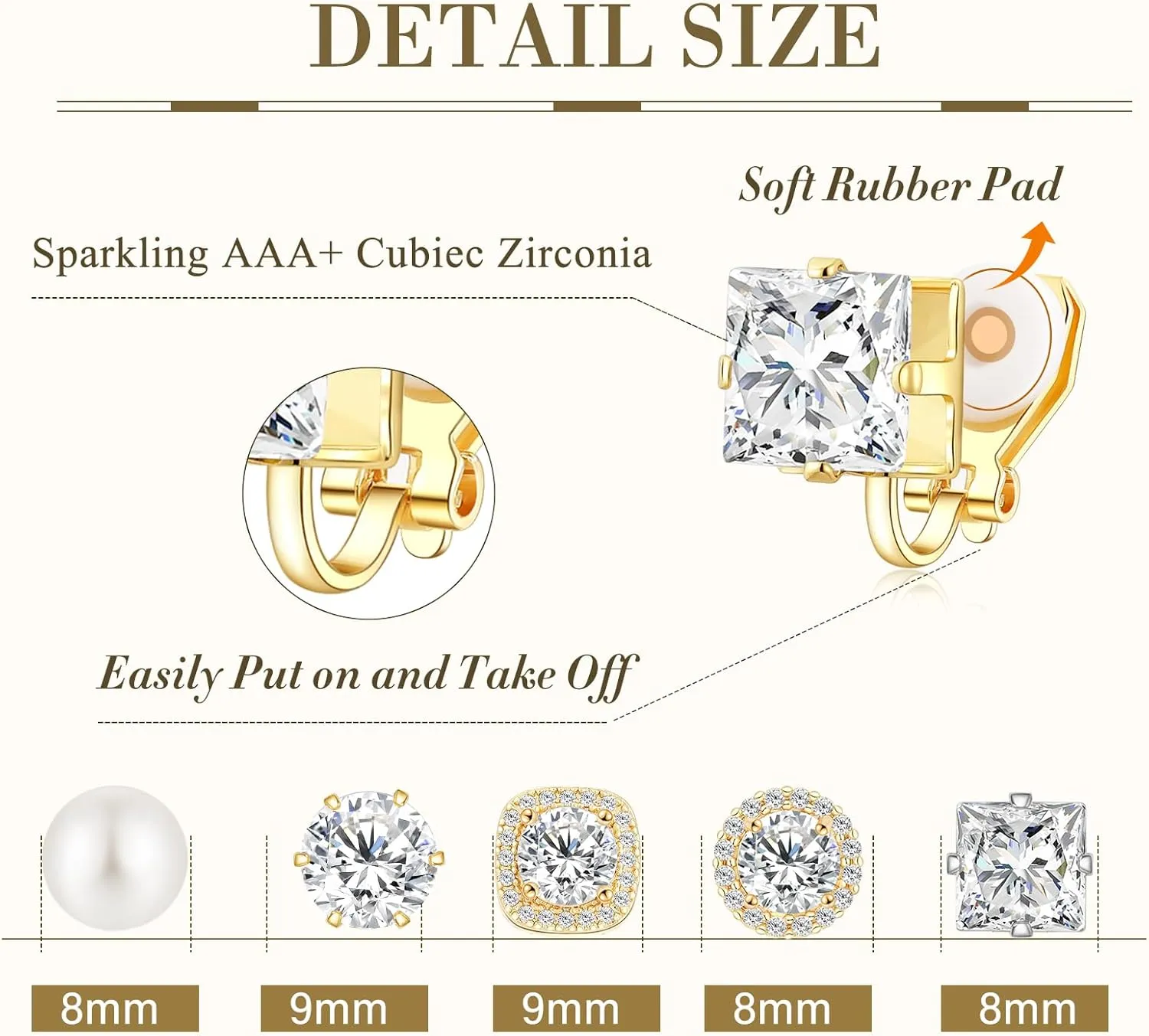 Cubic Zirconia Clip on Earrings - Women Hypoallergenic Comfortable Non Pierced Stud Earrings for Wedding and Dance Competitions, Clip-on Earrings Silver Gold