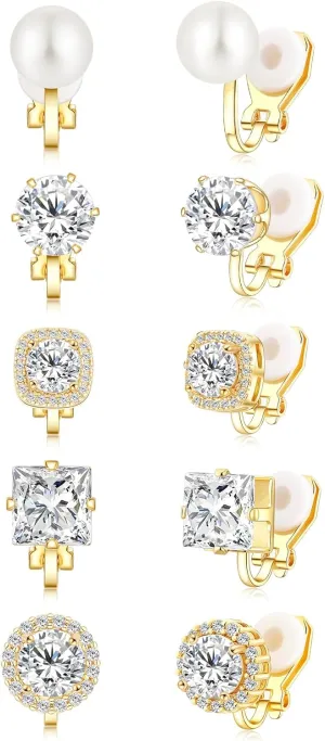 Cubic Zirconia Clip on Earrings - Women Hypoallergenic Comfortable Non Pierced Stud Earrings for Wedding and Dance Competitions, Clip-on Earrings Silver Gold