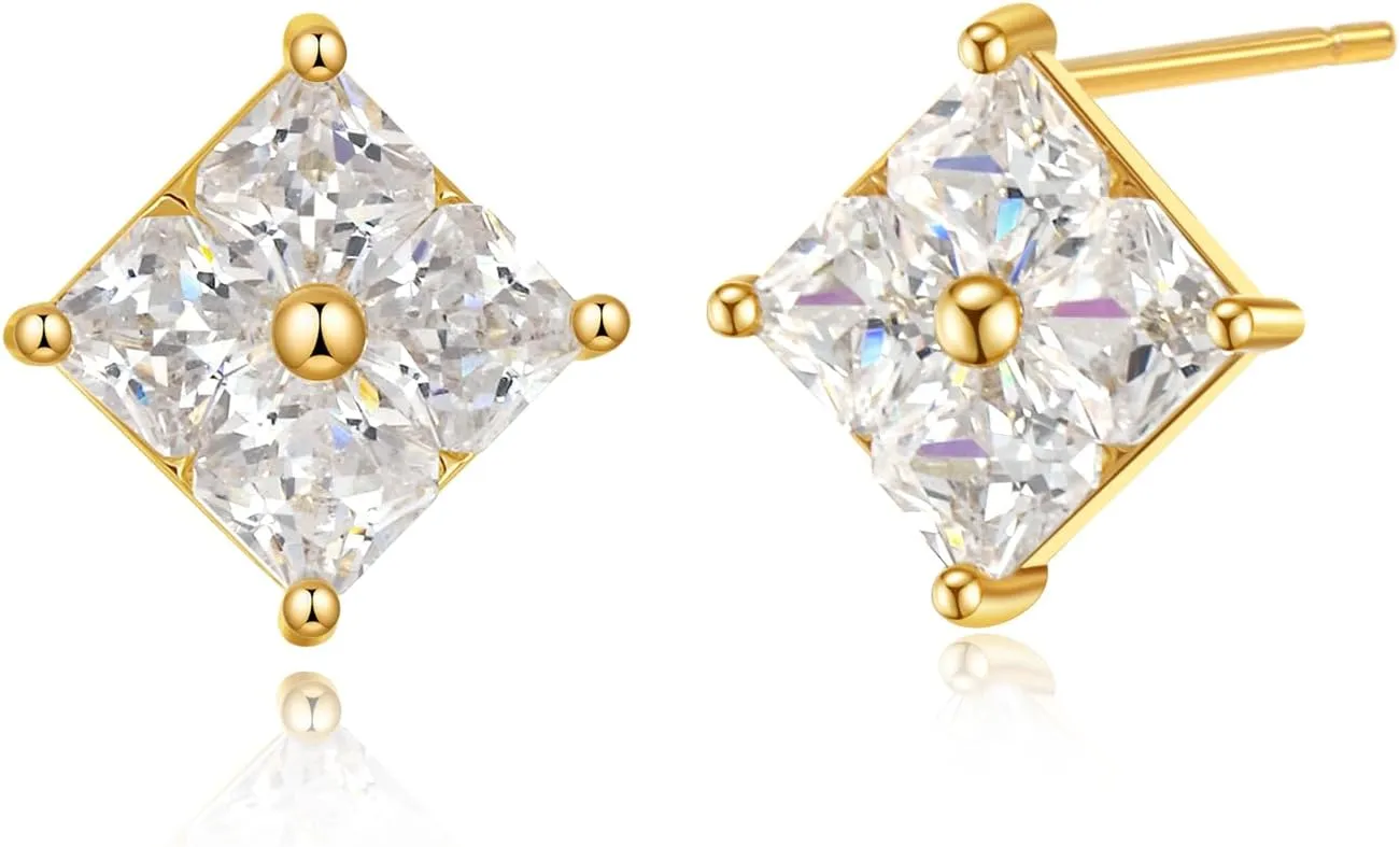 Cubic Zirconia Earrings Studs Cz Diamond Stud Earrings For Women Men 18k White Gold Plated Square Sterling Silver Earrings Small Minimalist Cubic Zircon Studs Hypoallergenic Jewelry Gift