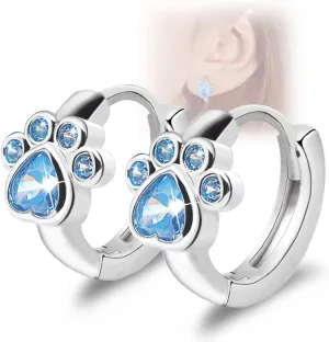 Cubic Zirconia Small Hoop Earrings - CZ Cat Dog Paw Print Hoop Huggies Earrings Sterling Silver Hypoallergenic Cute Cartilage Earrings for Women Girls Teens