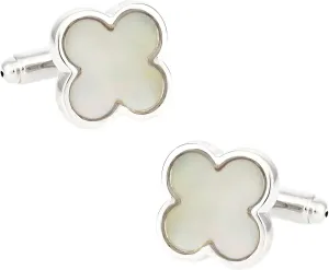Cuff-Daddy Exotic Mother of Pearl Clover Cufflinks with Presentation Gift Box | Unique Cuff Links for Men Gift Idea for Groom Wedding Luxury White Stone Set with Travel Box