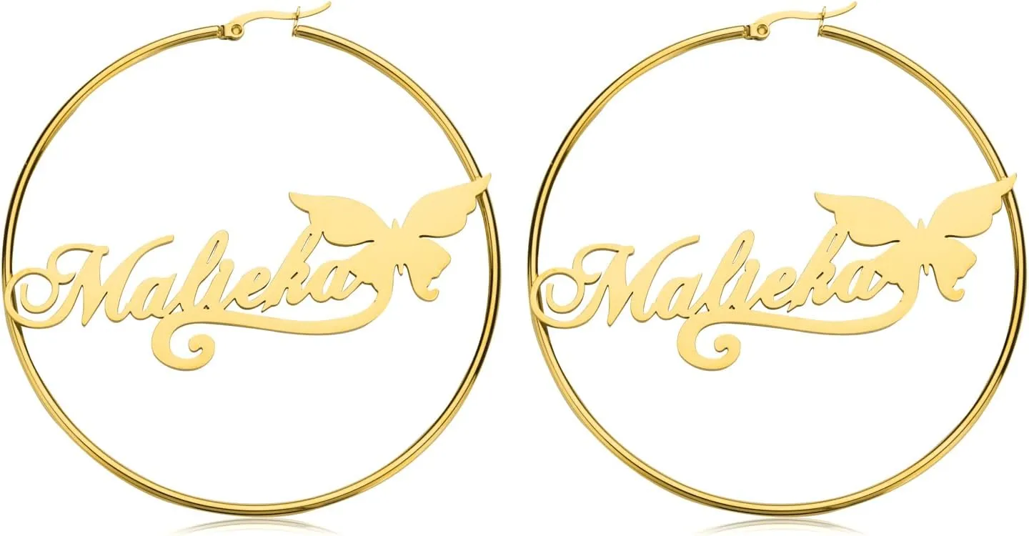 Custom Name Hoop Earrings For Women 18K Gold Plated Stainless Steel Customized Round Earring Personalized Ear Jewelry Birthday Gift (1.2 Inch 1.8 Inch 2.5 Inch)
