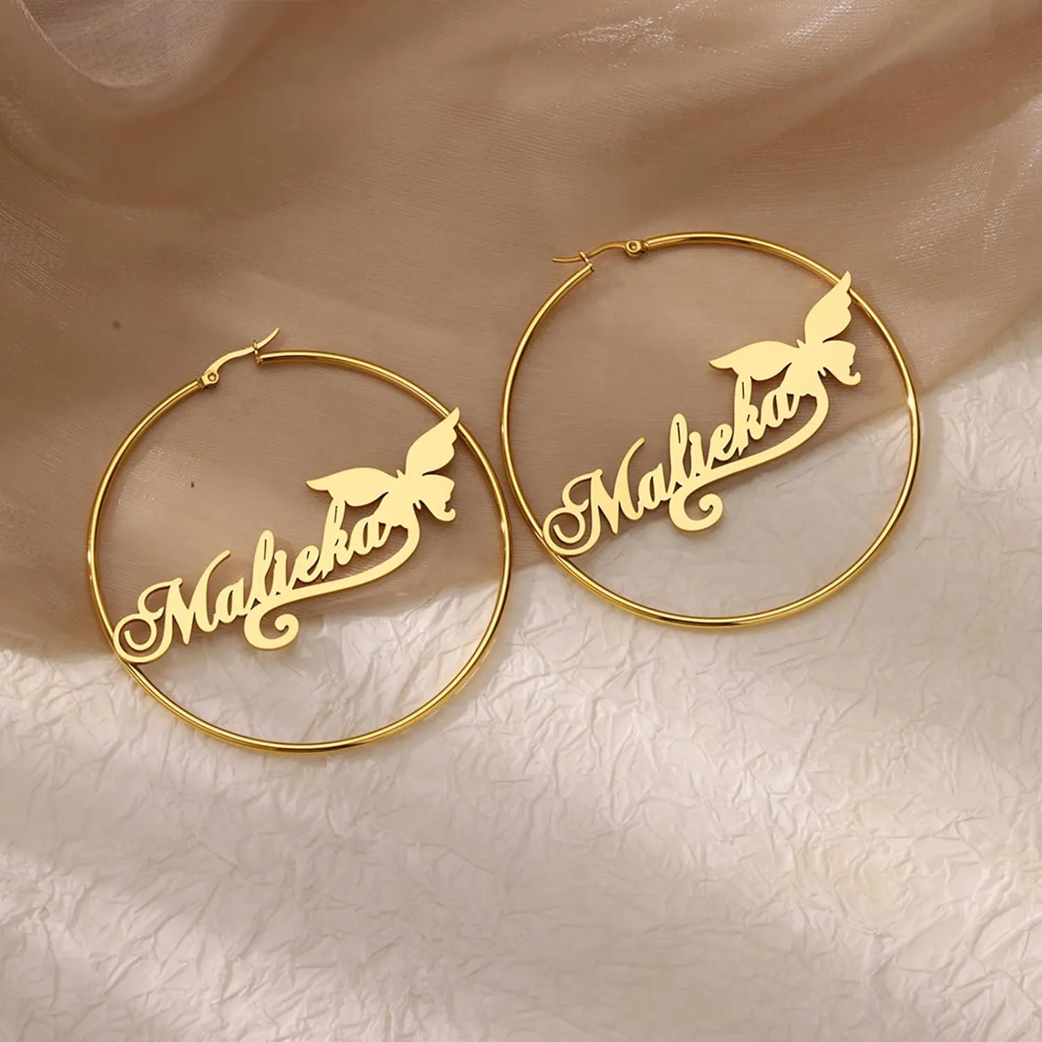 Custom Name Hoop Earrings For Women 18K Gold Plated Stainless Steel Customized Round Earring Personalized Ear Jewelry Birthday Gift (1.2 Inch 1.8 Inch 2.5 Inch)