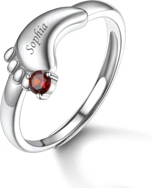 Custom4U Personalized Birthstones Baby Feet Ring 925 Sterling Silver Open Adjustable Mother's Baby Foot Mame Rings Custom Made Jewelry Newborn Christmas Gifts for Women Mom Grandma