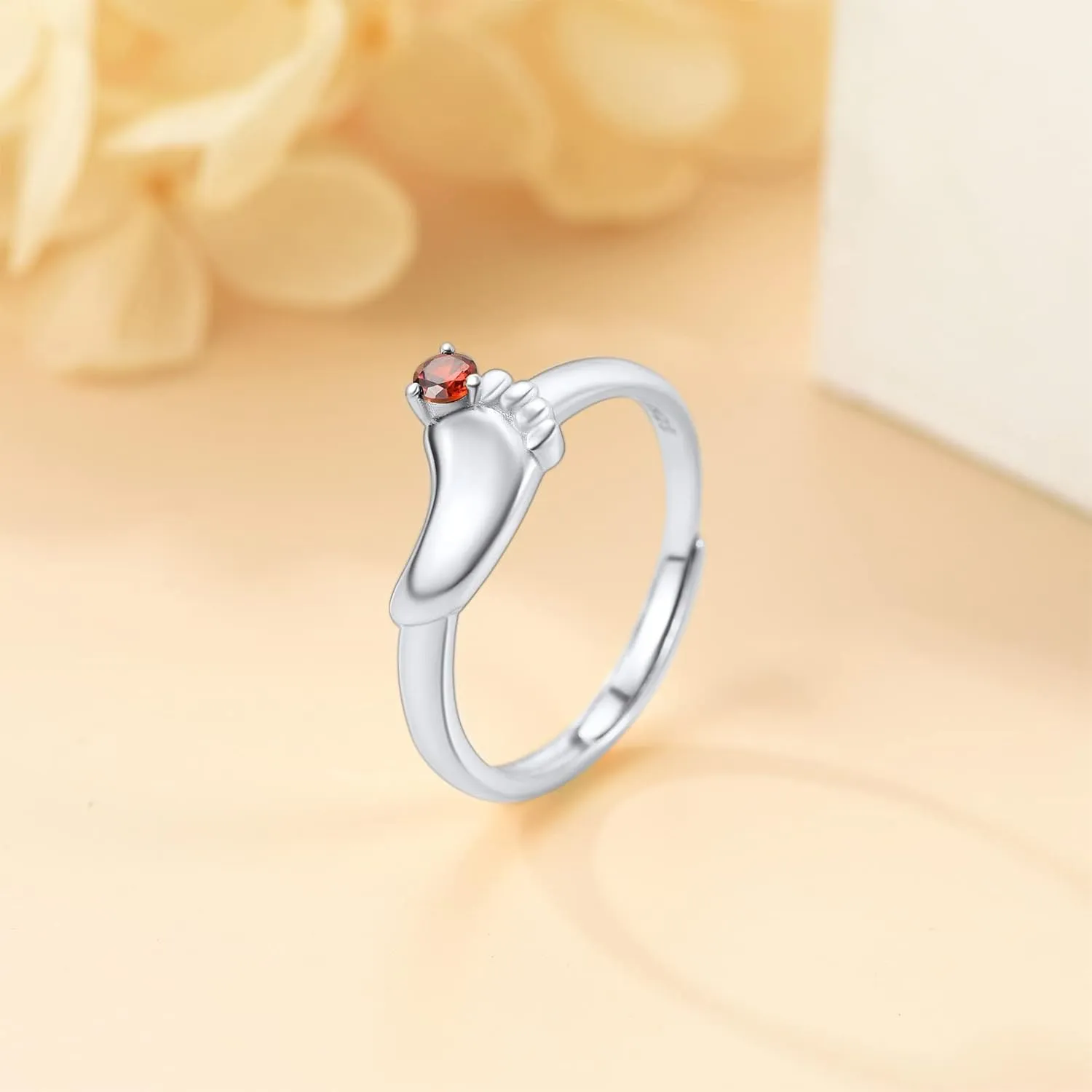 Custom4U Personalized Birthstones Baby Feet Ring 925 Sterling Silver Open Adjustable Mother's Baby Foot Mame Rings Custom Made Jewelry Newborn Christmas Gifts for Women Mom Grandma