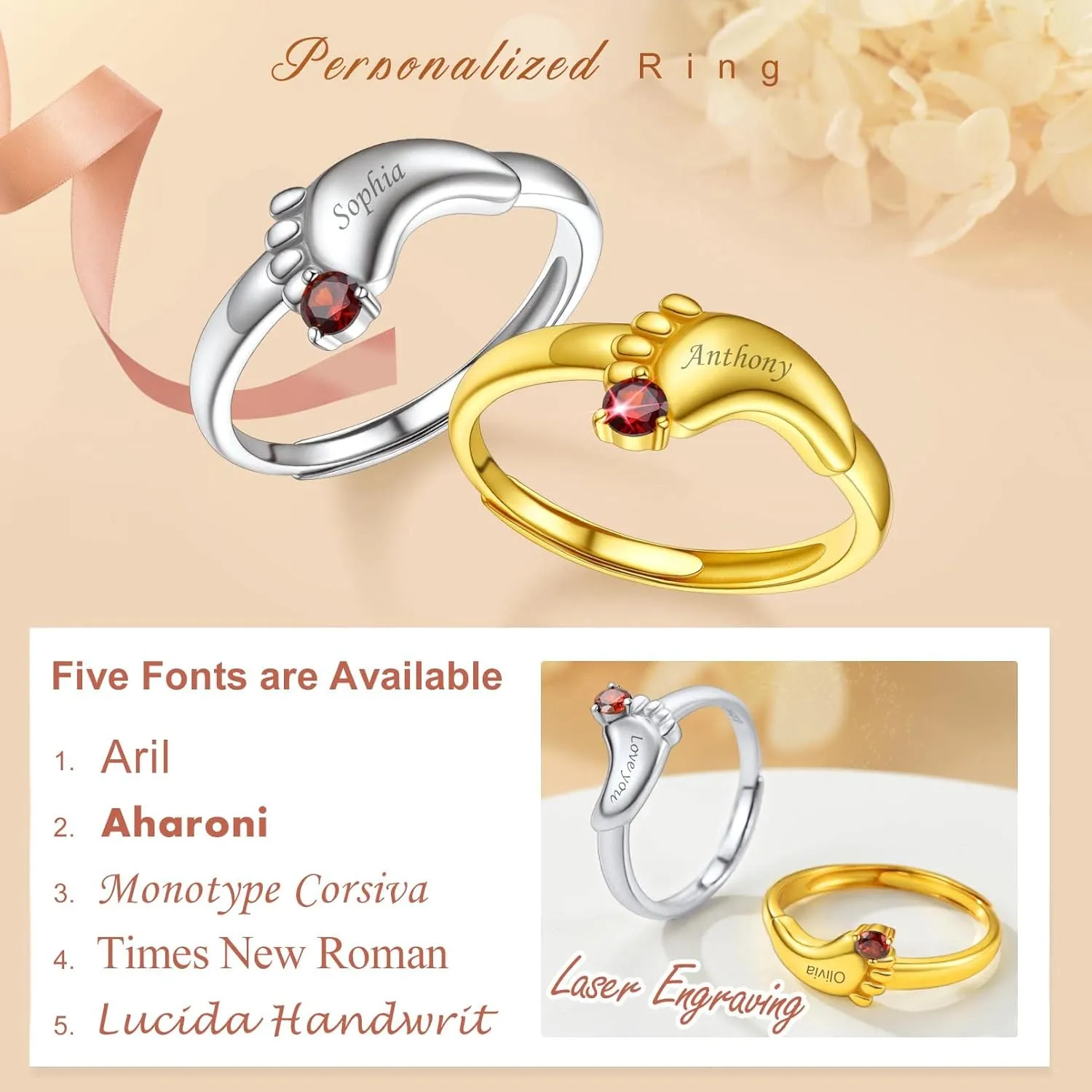 Custom4U Personalized Birthstones Baby Feet Ring 925 Sterling Silver Open Adjustable Mother's Baby Foot Mame Rings Custom Made Jewelry Newborn Christmas Gifts for Women Mom Grandma
