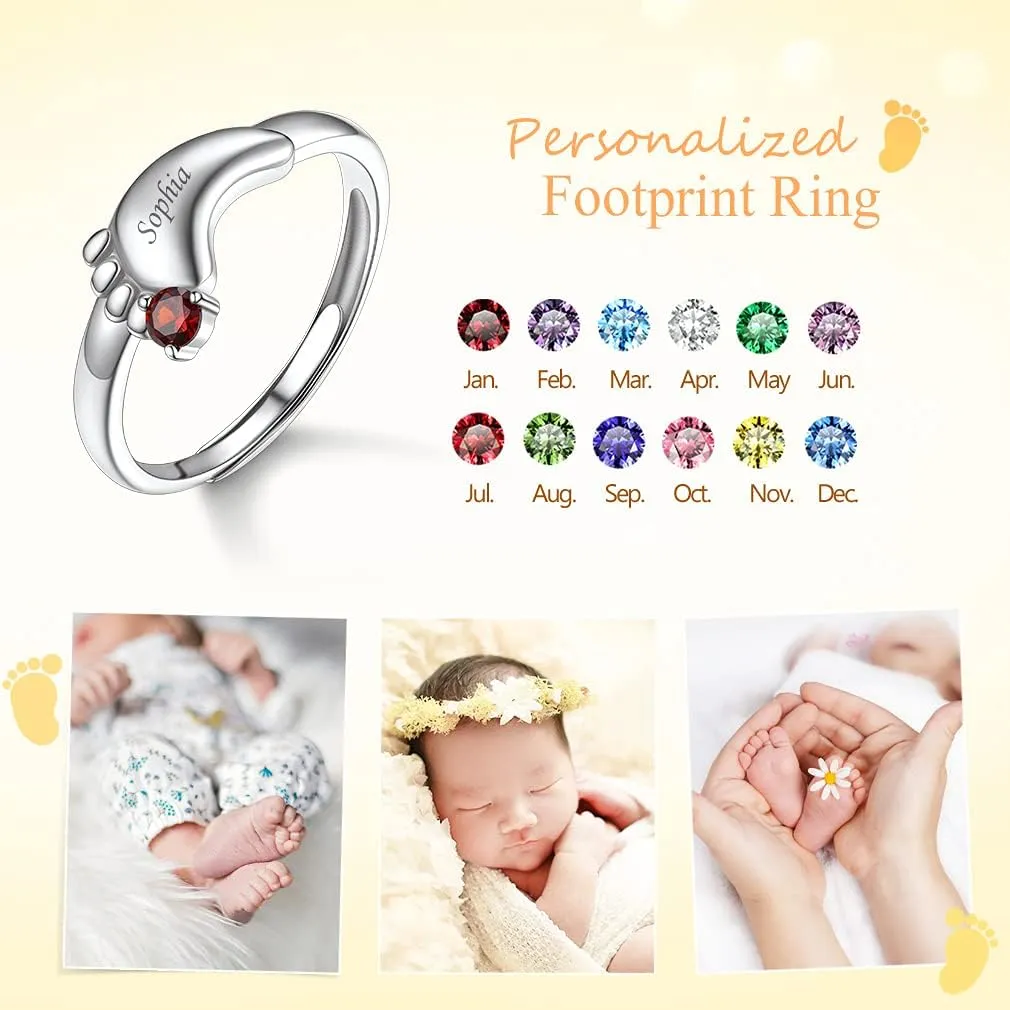 Custom4U Personalized Birthstones Baby Feet Ring 925 Sterling Silver Open Adjustable Mother's Baby Foot Mame Rings Custom Made Jewelry Newborn Christmas Gifts for Women Mom Grandma