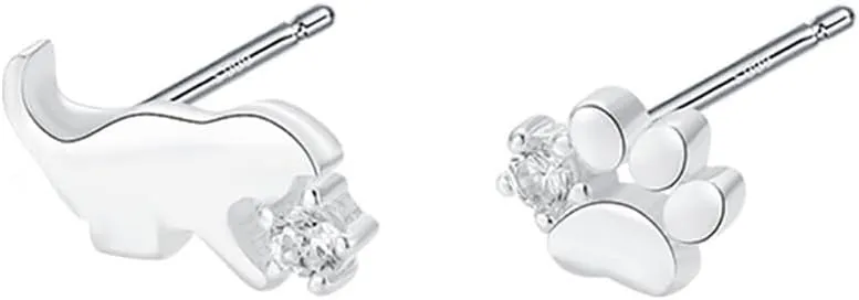Cute Cat Paw Print CZ Mini Stud Earrings for Women Cartilage 925 Sterling Silver Crystal Kitten Animal Pet Hypoallergenic Sleeper Tragus Tiny Studs Earring Dainty Asymmetric Jewelry Gifts for Daughter Birthday