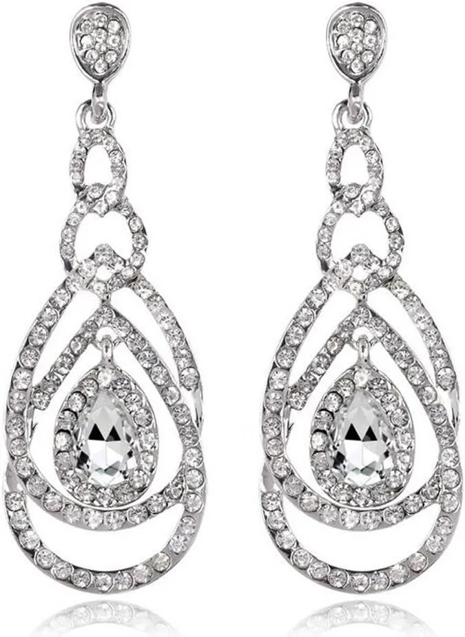 Cute Hollow Crystal Rhinestone Teardrop 8-Shaped Long Dangle Earrings for Women Fashion Strand Jewelry