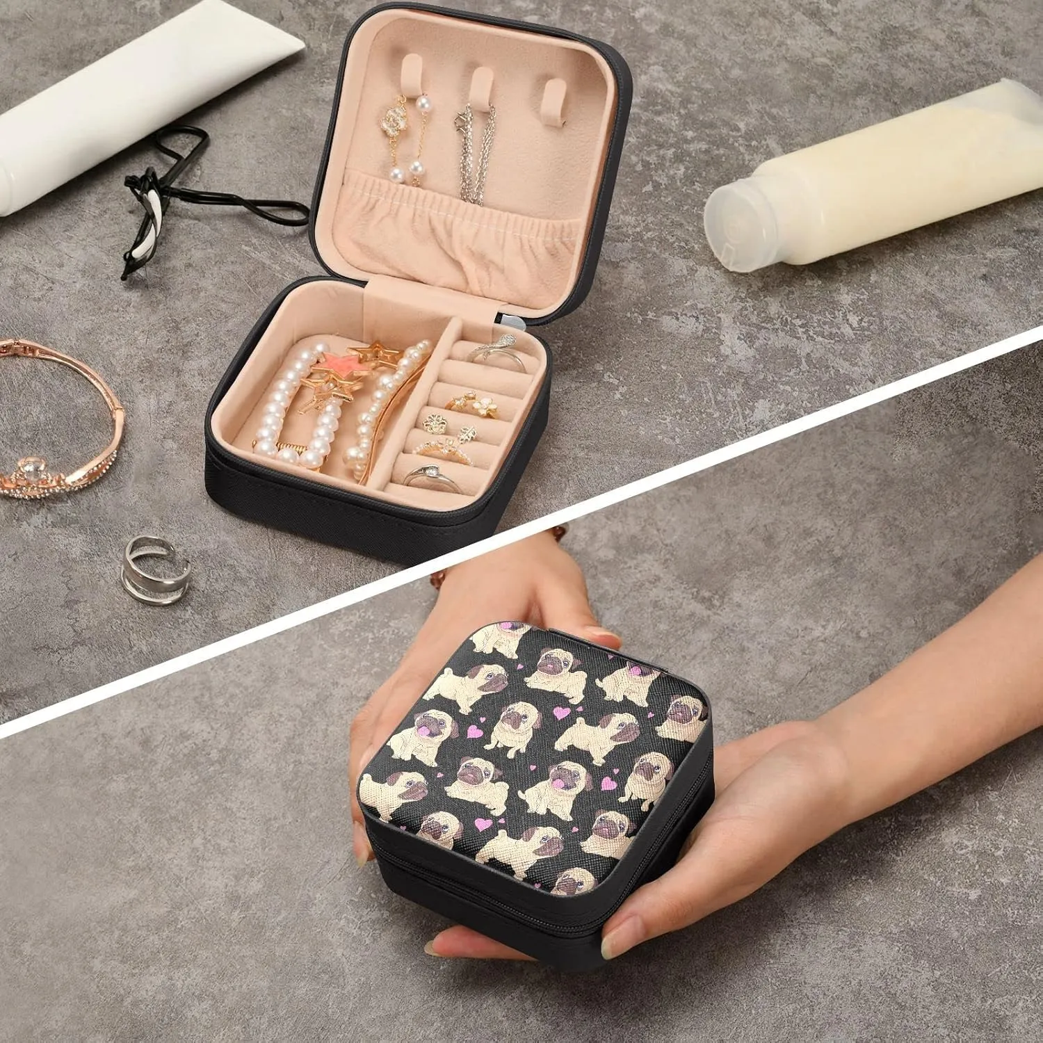 Cute Pugs Dogs Jewelry Box Organizer Animals Heart Travel Jewelry Case Small Jewelry Storage Holder for Ring Pendant Earring Necklace Bracelet, Gift for Women Girls