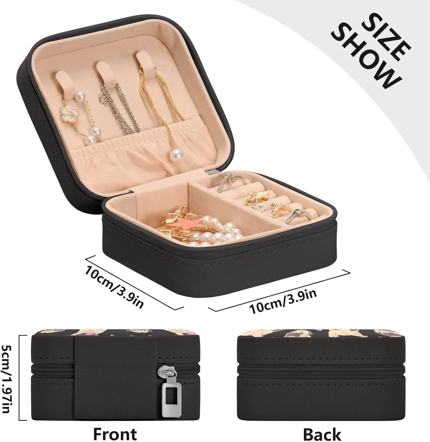 Cute Pugs Dogs Jewelry Box Organizer Animals Heart Travel Jewelry Case Small Jewelry Storage Holder for Ring Pendant Earring Necklace Bracelet, Gift for Women Girls