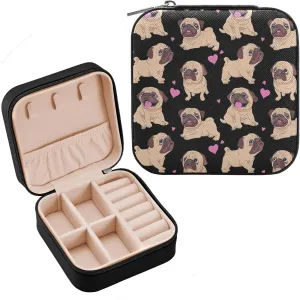 Cute Pugs Dogs Jewelry Box Organizer Animals Heart Travel Jewelry Case Small Jewelry Storage Holder for Ring Pendant Earring Necklace Bracelet, Gift for Women Girls