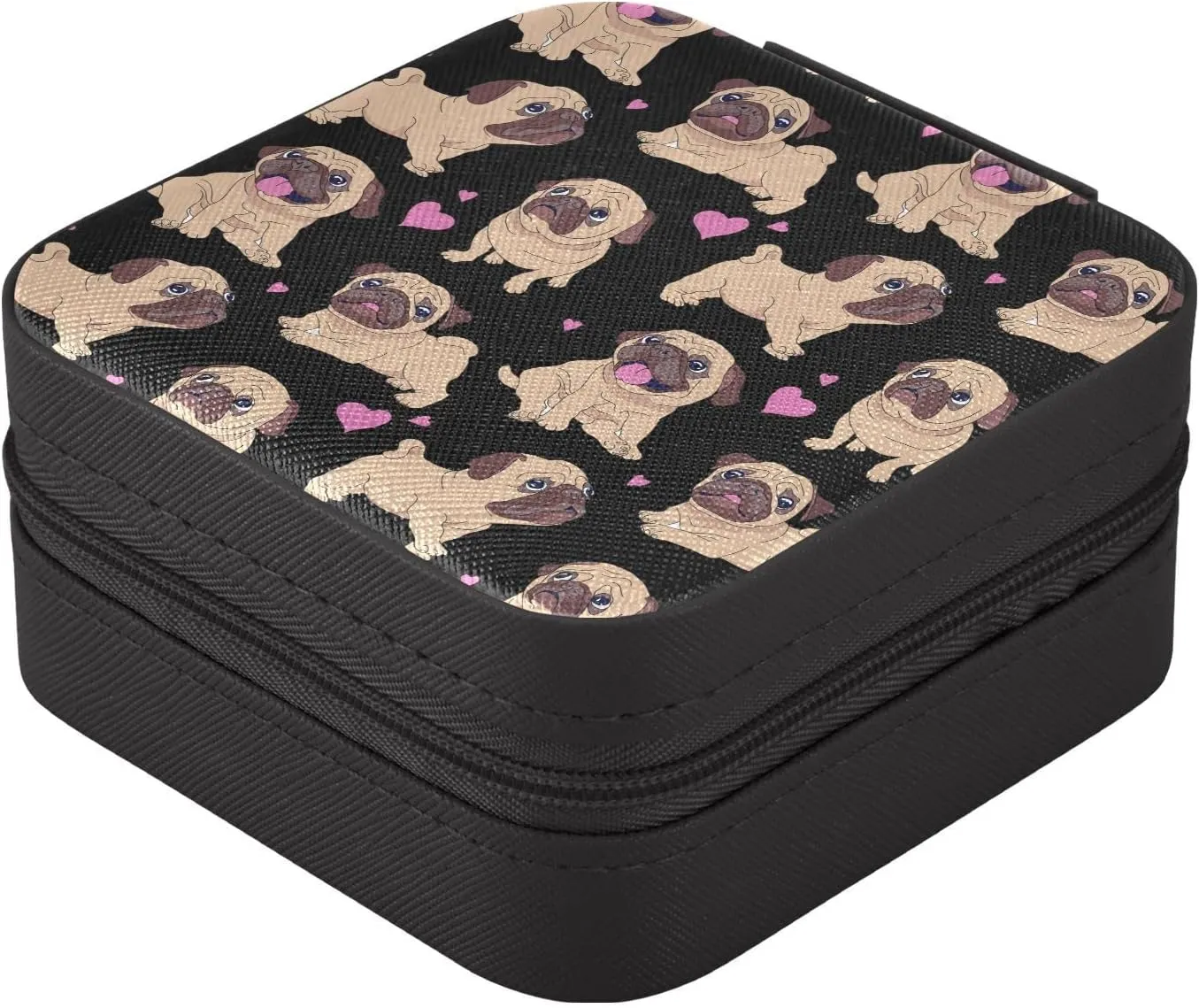 Cute Pugs Dogs Jewelry Box Organizer Animals Heart Travel Jewelry Case Small Jewelry Storage Holder for Ring Pendant Earring Necklace Bracelet, Gift for Women Girls