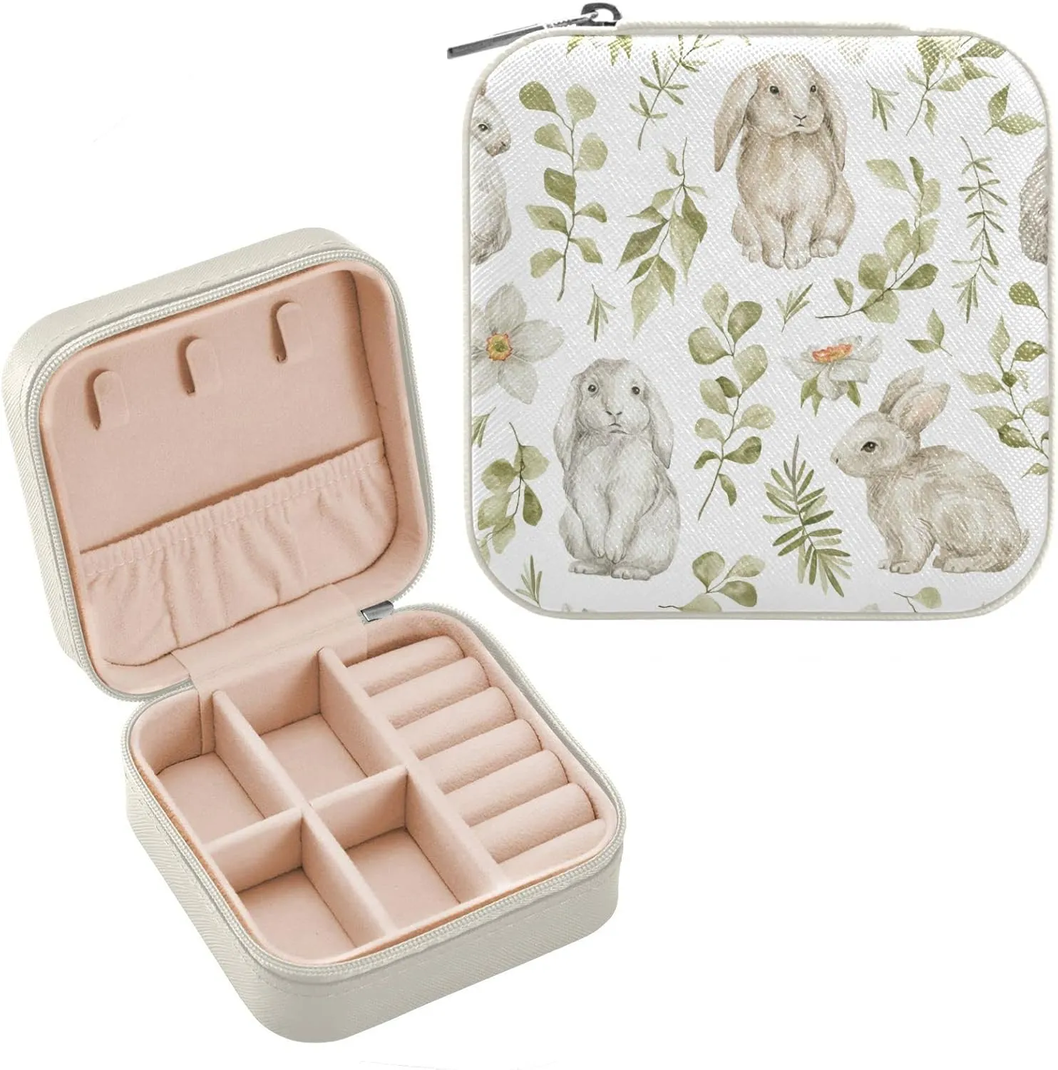 Cute Rabbits Flowers Jewelry Box Organizer Leaves Bunny Florals Travel Jewelry Case Small Jewelry Storage Holder for Ring Pendant Earring Necklace Bracelet, Gift for Women Girls