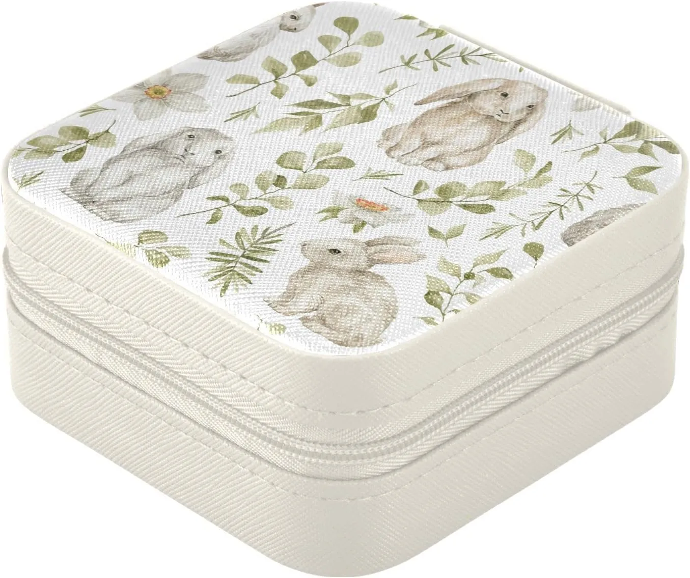 Cute Rabbits Flowers Jewelry Box Organizer Leaves Bunny Florals Travel Jewelry Case Small Jewelry Storage Holder for Ring Pendant Earring Necklace Bracelet, Gift for Women Girls