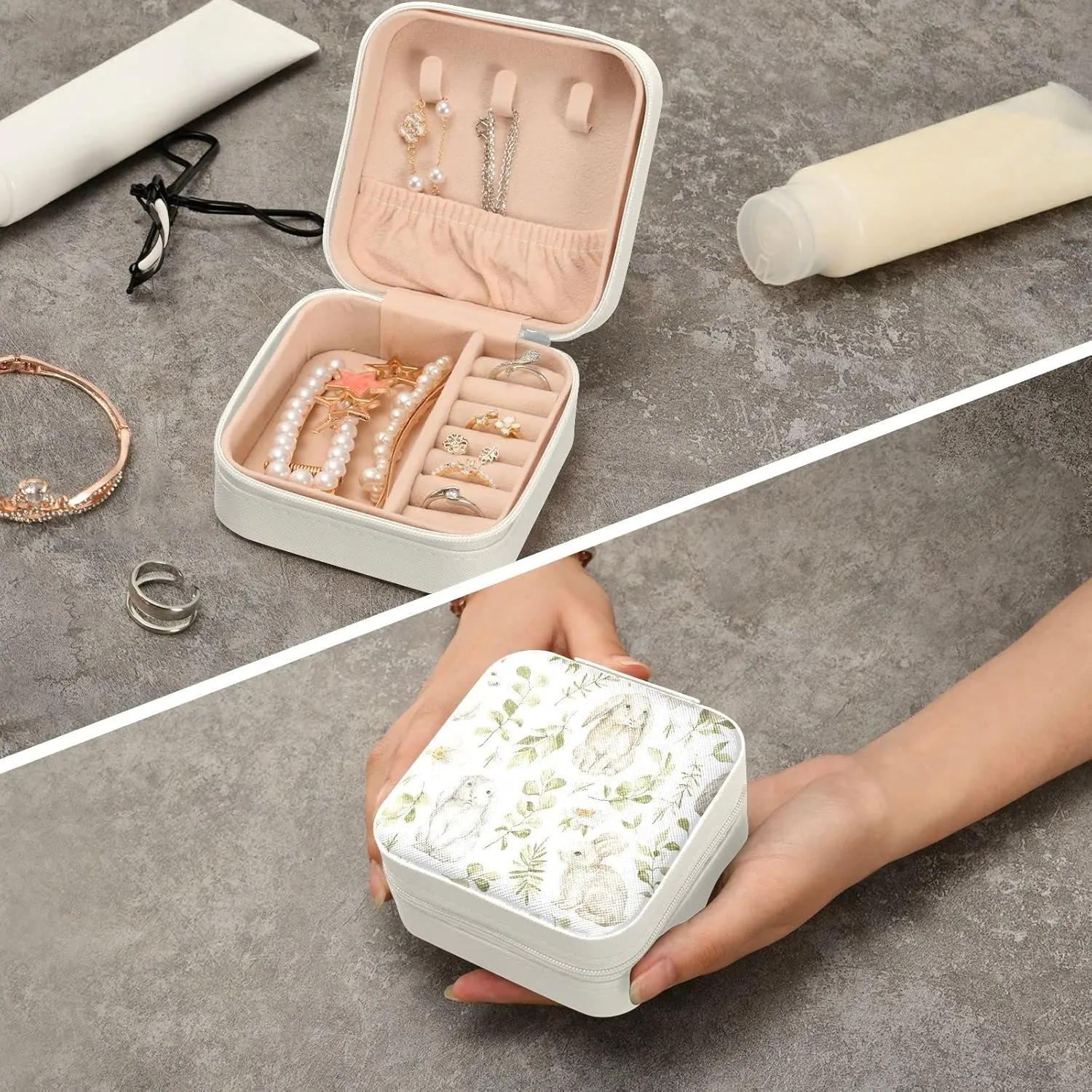 Cute Rabbits Flowers Jewelry Box Organizer Leaves Bunny Florals Travel Jewelry Case Small Jewelry Storage Holder for Ring Pendant Earring Necklace Bracelet, Gift for Women Girls