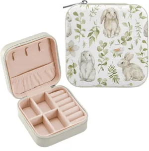 Cute Rabbits Flowers Jewelry Box Organizer Leaves Bunny Florals Travel Jewelry Case Small Jewelry Storage Holder for Ring Pendant Earring Necklace Bracelet, Gift for Women Girls