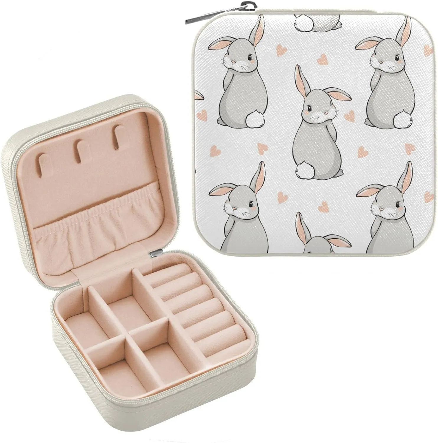 Cute Rabbits Heart Jewelry Box Organizer Bunny Travel Jewelry Case Small Jewelry Storage Holder for Ring Pendant Earring Necklace Bracelet, Gift for Women Girls