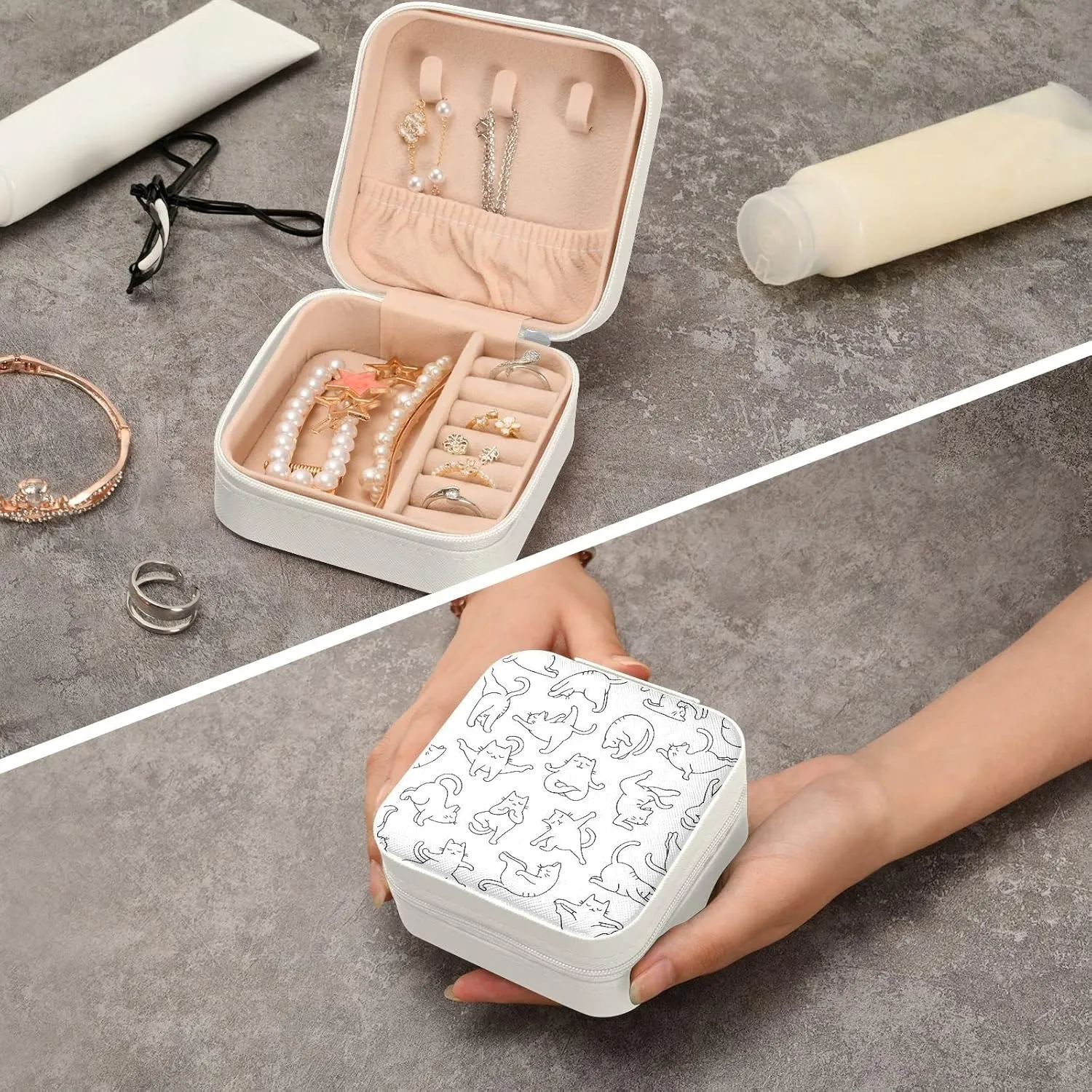 Cute Yogo Cats Jewelry Box Organizer Animals White Travel Jewelry Case Small Jewelry Storage Holder for Ring Pendant Earring Necklace Bracelet, Gift for Women Girls