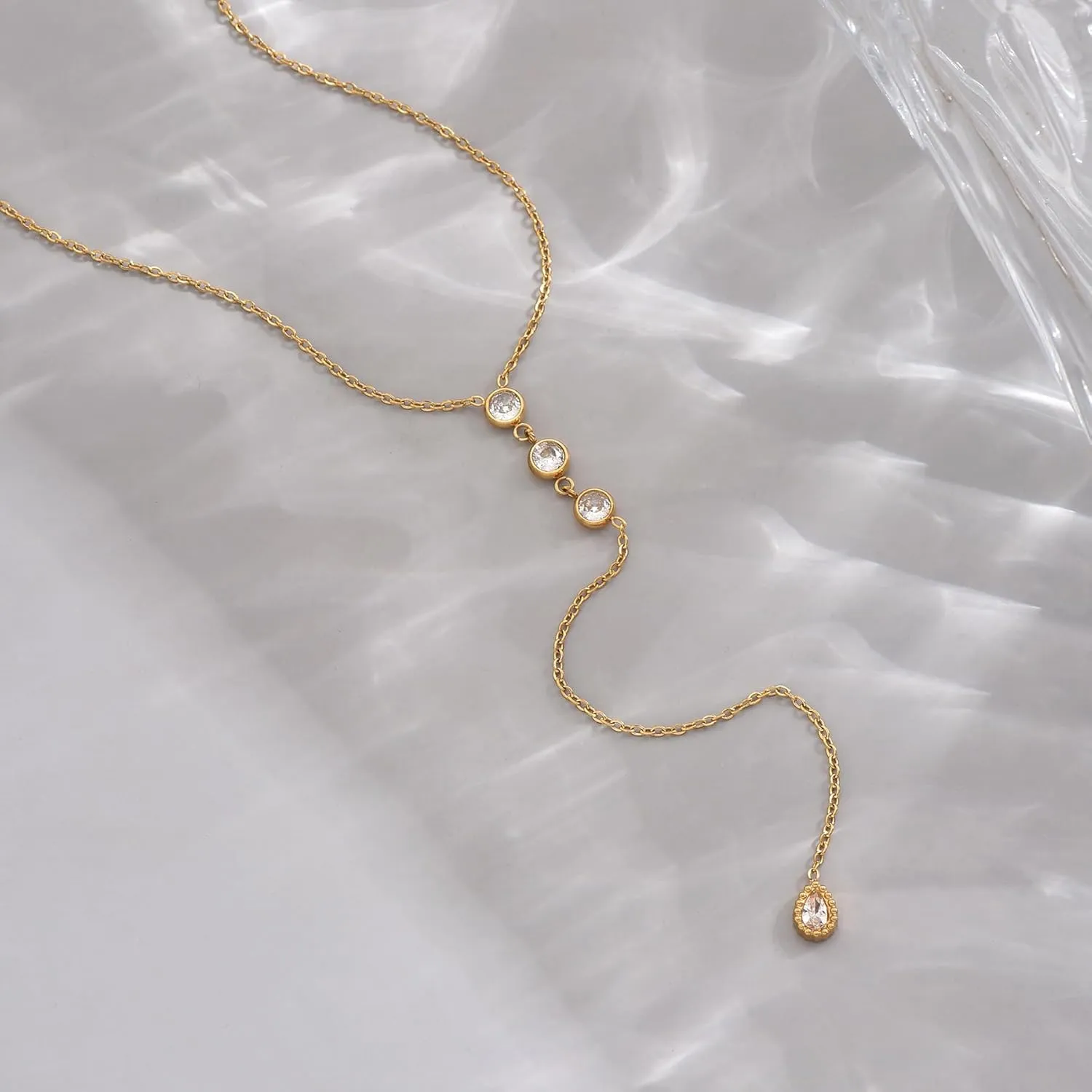 Dainty Lariat Necklace for Women 18K Gold Plated Trendy CZ Beaded Chain Drop Necklaces Long Y-Shaped Pendant Jewelry Necklace for Women Gift