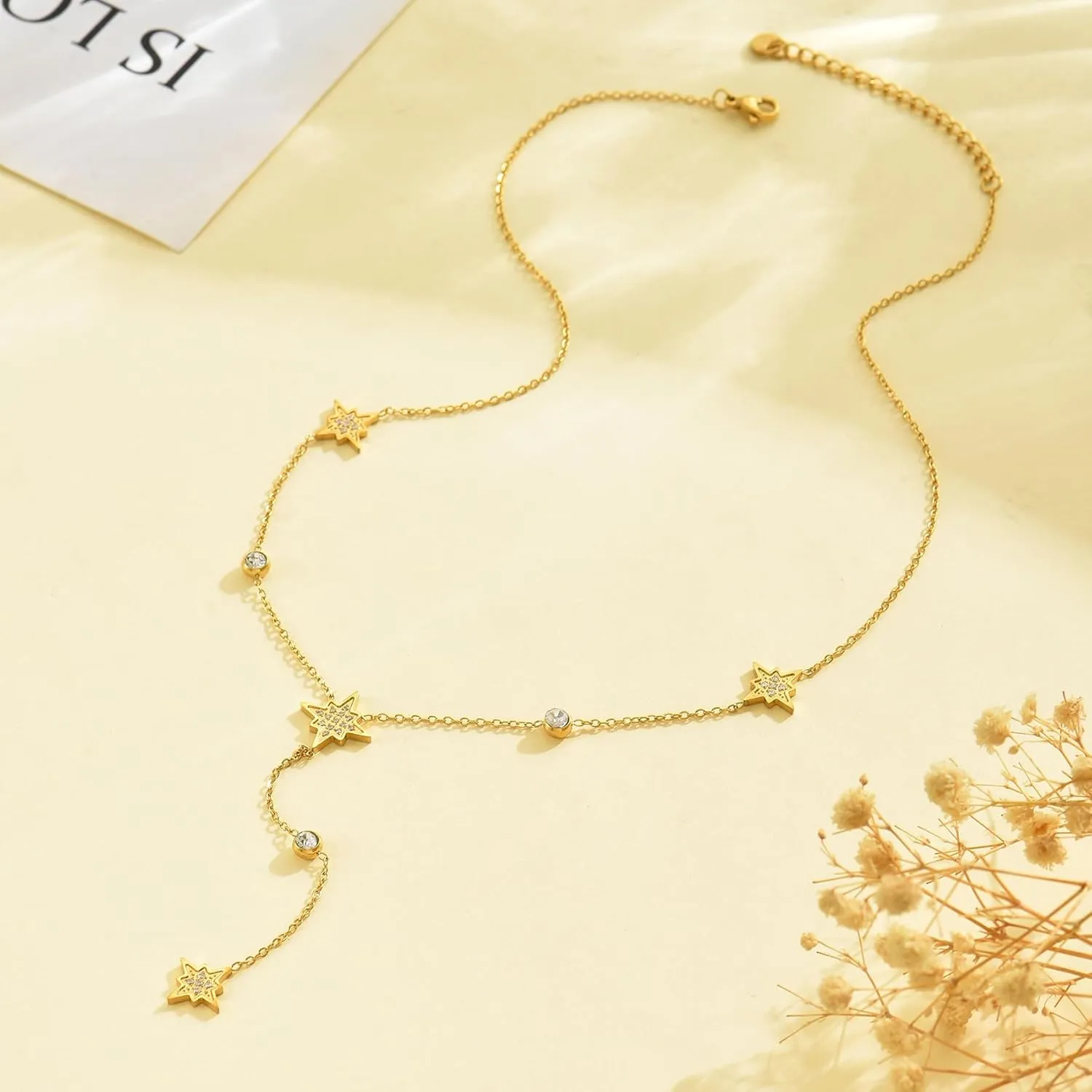 Dainty Lariat Necklace for Women 18K Gold Plated Trendy CZ Beaded Chain Drop Necklaces Long Y-Shaped Pendant Jewelry Necklace for Women Gift