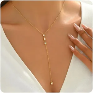 Dainty Lariat Necklace for Women 18K Gold Plated Trendy CZ Beaded Chain Drop Necklaces Long Y-Shaped Pendant Jewelry Necklace for Women Gift