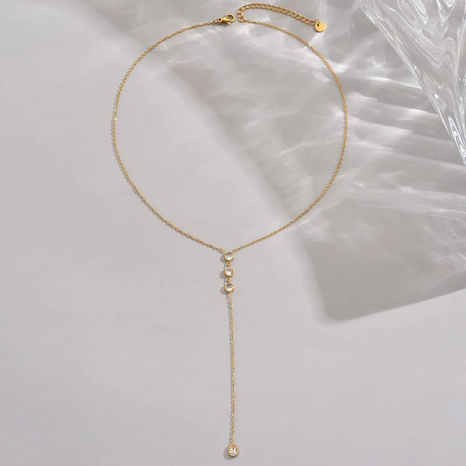 Dainty Lariat Necklace for Women 18K Gold Plated Trendy CZ Beaded Chain Drop Necklaces Long Y-Shaped Pendant Jewelry Necklace for Women Gift