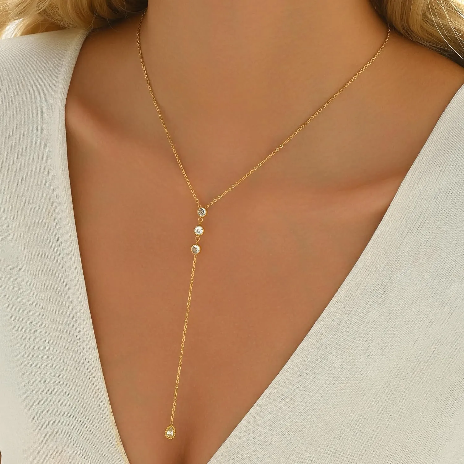 Dainty Lariat Necklace for Women 18K Gold Plated Trendy CZ Beaded Chain Drop Necklaces Long Y-Shaped Pendant Jewelry Necklace for Women Gift