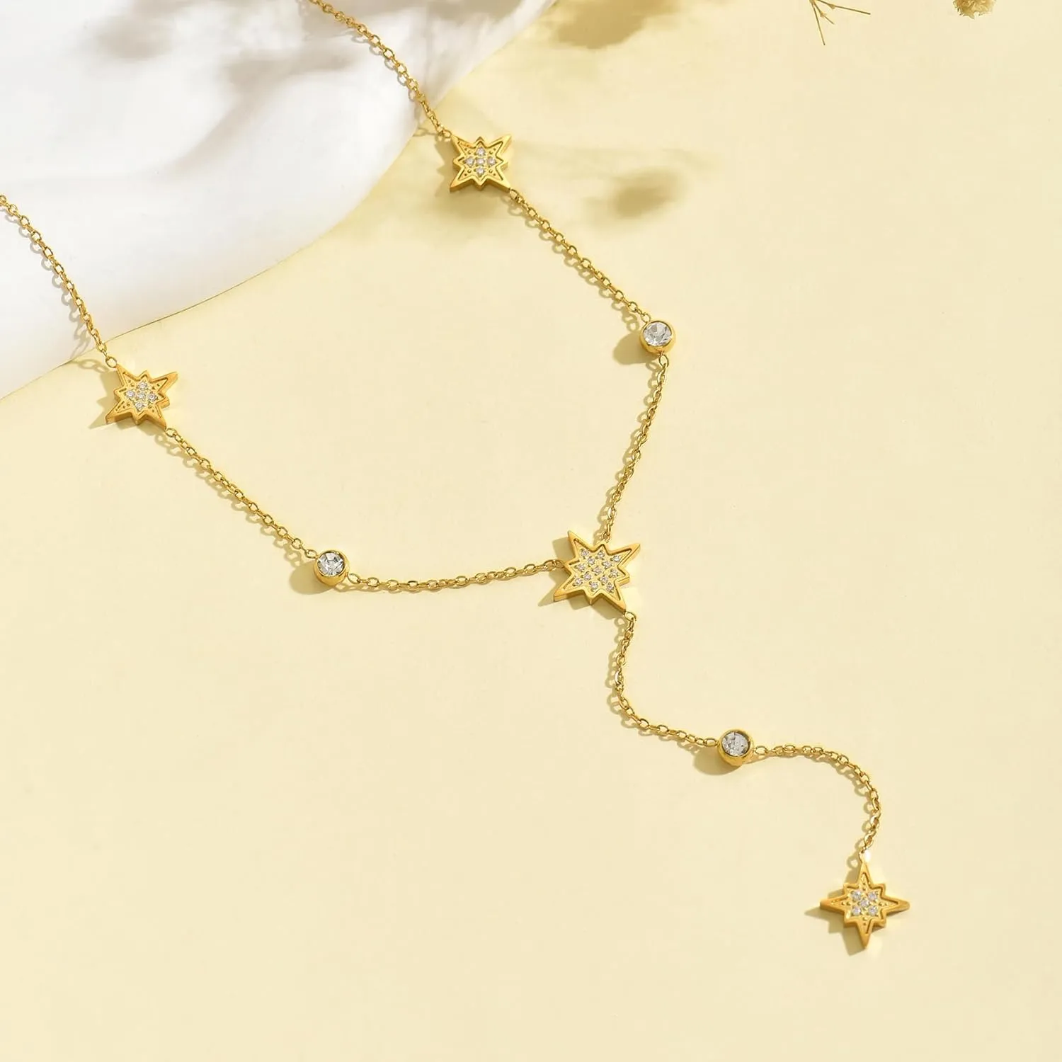 Dainty Lariat Necklace for Women 18K Gold Plated Trendy CZ Beaded Chain Drop Necklaces Long Y-Shaped Pendant Jewelry Necklace for Women Gift