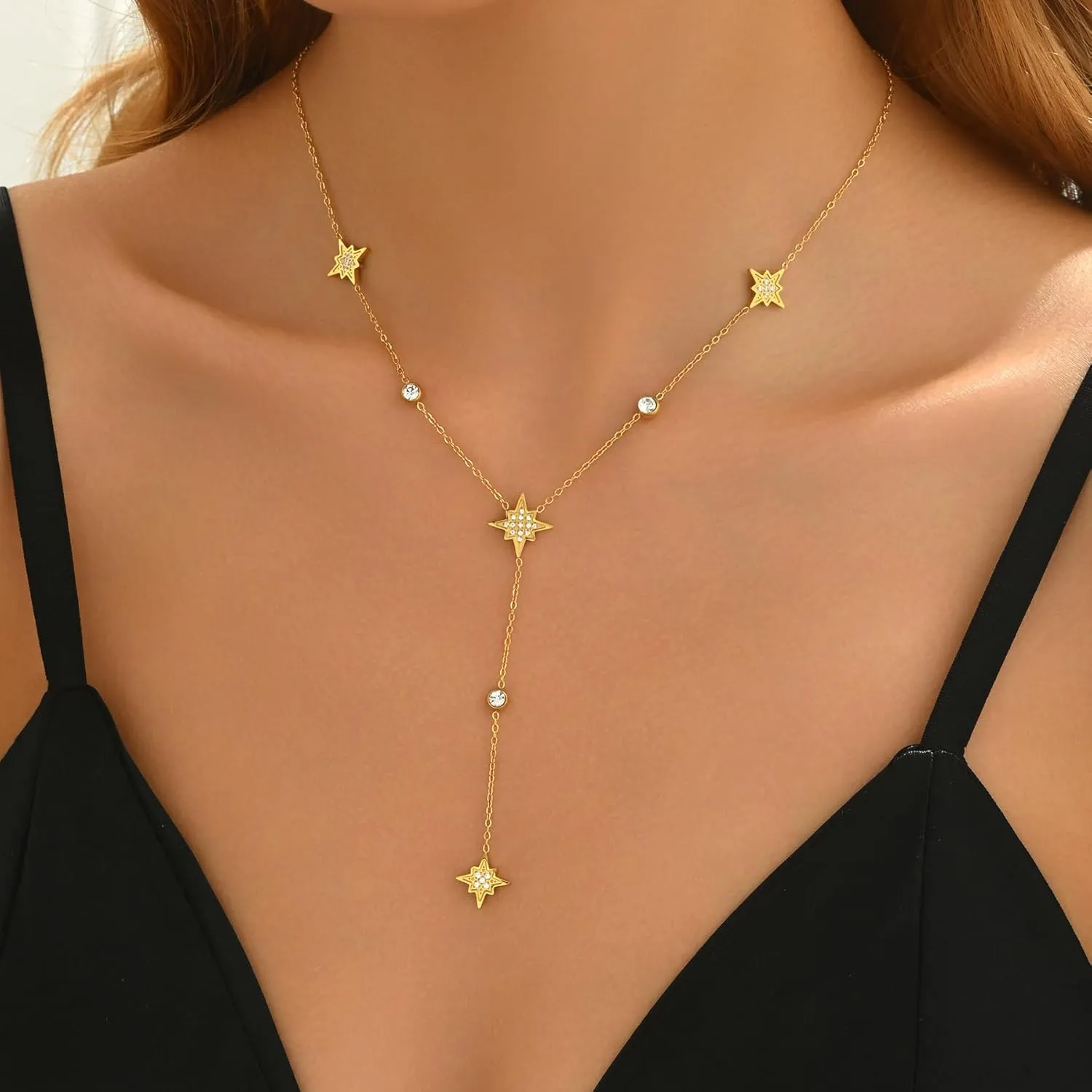 Dainty Lariat Necklace for Women 18K Gold Plated Trendy CZ Beaded Chain Drop Necklaces Long Y-Shaped Pendant Jewelry Necklace for Women Gift