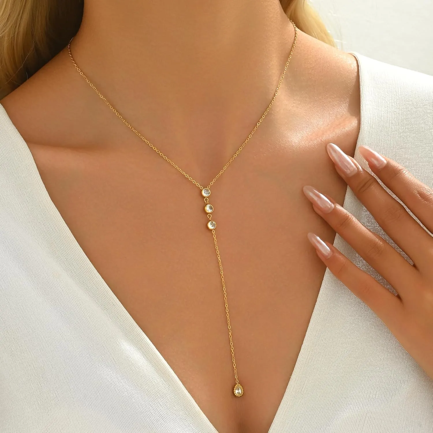 Dainty Lariat Necklace for Women 18K Gold Plated Trendy CZ Beaded Chain Drop Necklaces Long Y-Shaped Pendant Jewelry Necklace for Women Gift