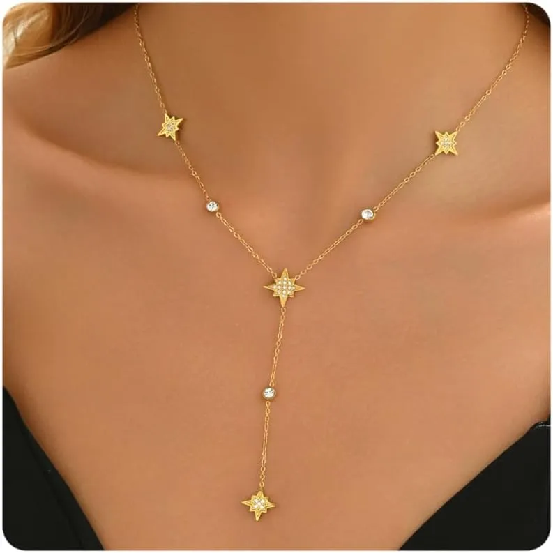 Dainty Lariat Necklace for Women 18K Gold Plated Trendy CZ Beaded Chain Drop Necklaces Long Y-Shaped Pendant Jewelry Necklace for Women Gift