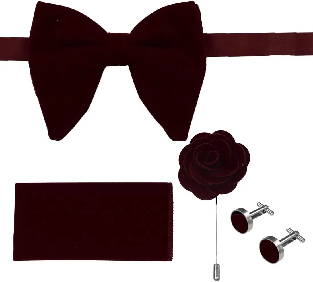 Dan Smith Mens Big Bow Ties Set Soild Velvet Oversize Pre-Tied Bow Tie Hanky Cuff Hankchief Cufflinks Lapel Pin