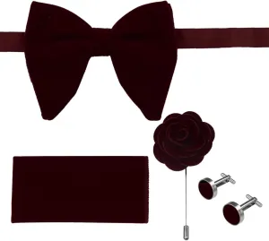 Dan Smith Mens Big Bow Ties Set Soild Velvet Oversize Pre-Tied Bow Tie Hanky Cuff Hankchief Cufflinks Lapel Pin